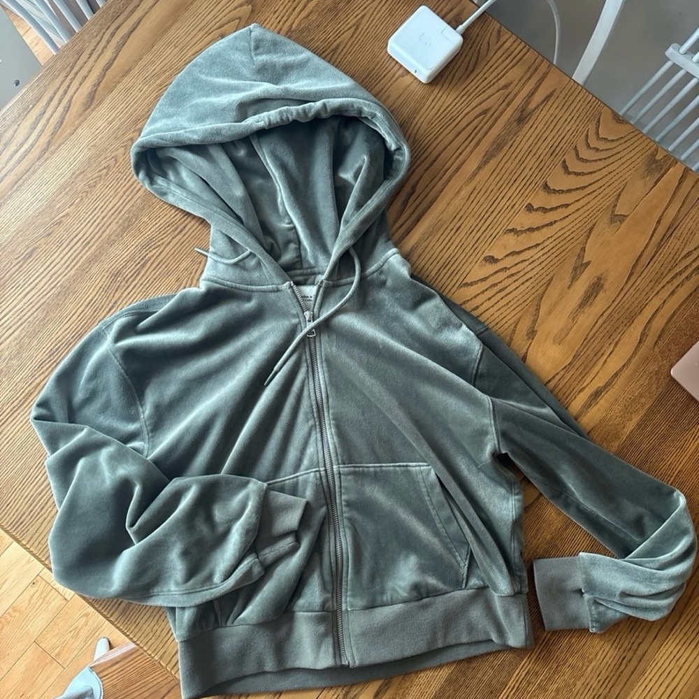 Abercrombie & Fitch Velvet Zip-Up Hoodie in Sage Green